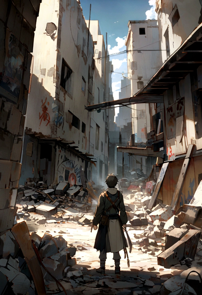 /imagine prompt: A young man standing in a ruined courtyard, surrounded by a scene of destruction, looking up angrily and clenching his fists, graffiti and slogans on the walls indicating a lawless place, ,32k, best qualityer, work of art, super detaill, High details, por Makoto Shinkai ,in the style of xing xing star art group, --niji 5"