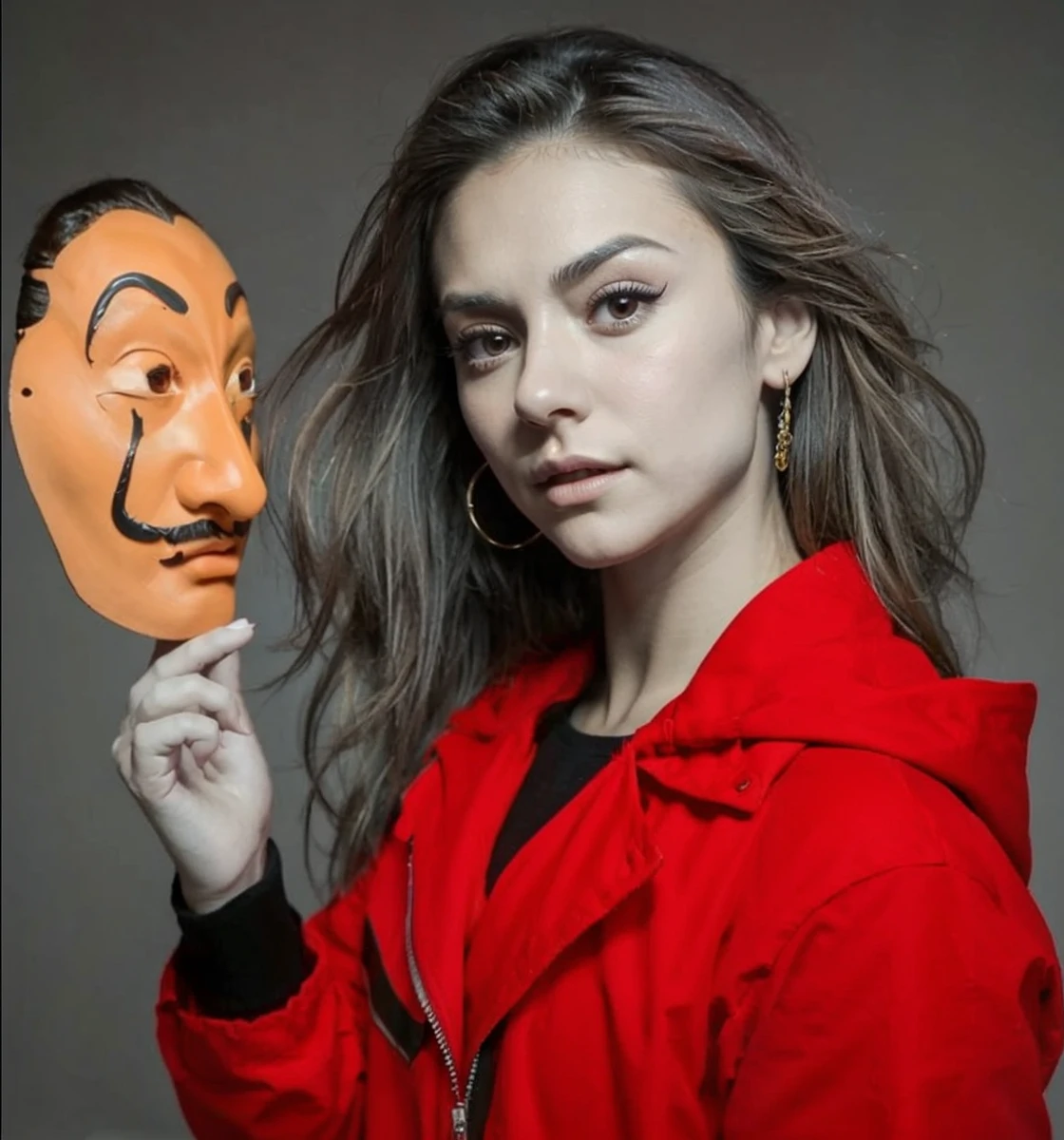 Nina dobrev In a red jumpsuit in the hand of Salvador Dali's mask