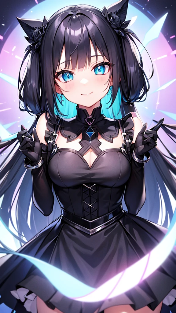 transparent black gloves, solo, smile, hairstyle, jewelry, dress, bangs, kawaii, black and blue, daring, anime, pastel, neon, character list, clothing list,