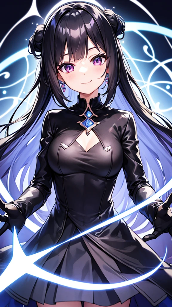 transparent black gloves, solo, smile, hairstyle, jewelry, dress, bangs, kawaii, black and blue, daring, anime, pastel, neon, character list, clothing list,