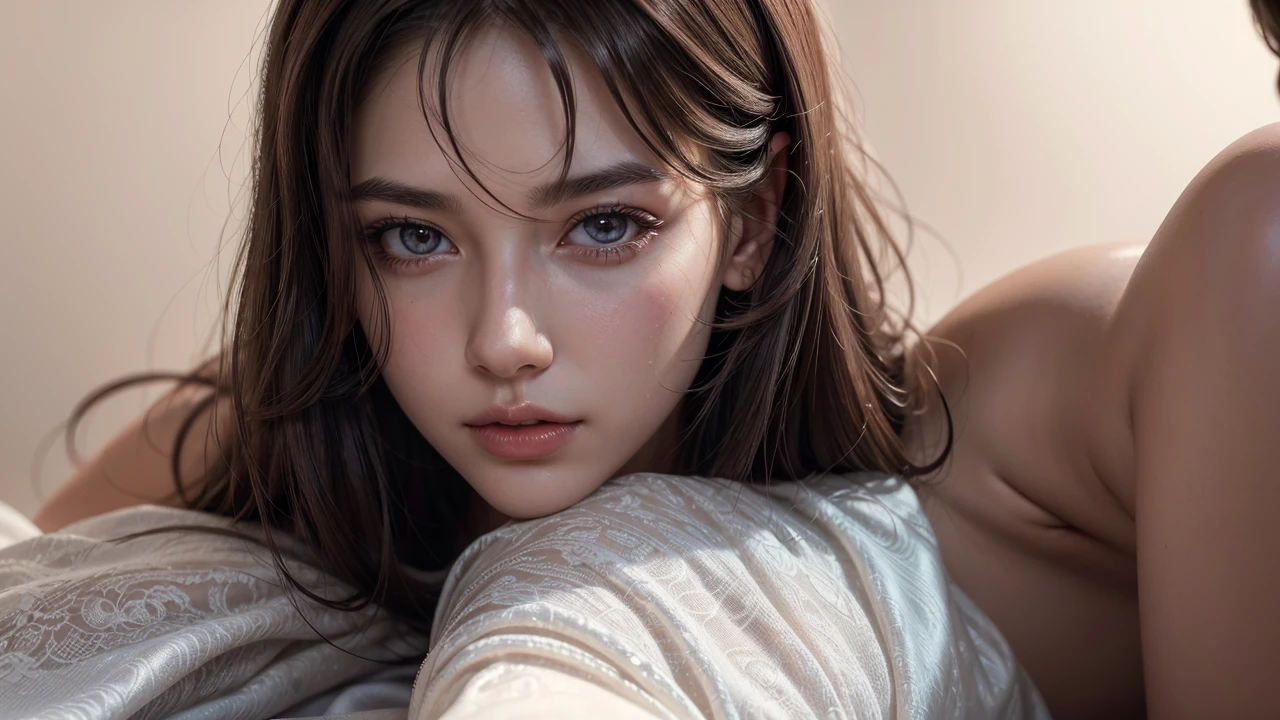 intricate detailed portrait of a beautiful nude woman, elegant graceful pose, delicate facial features, lush flowing hair, soft skin, detailed eyes, long eyelashes, finely sculpted lips, aesthetic lighting, cinematic dramatic atmosphere, vibrant colors, photorealistic, high quality, digital art, concept art