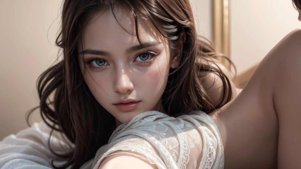 intricate detailed portrait of a beautiful nude woman, elegant graceful pose, delicate facial features, lush flowing hair, soft skin, detailed eyes, long eyelashes, finely sculpted lips, aesthetic lighting, cinematic dramatic atmosphere, vibrant colors, photorealistic, high quality, digital art, concept art