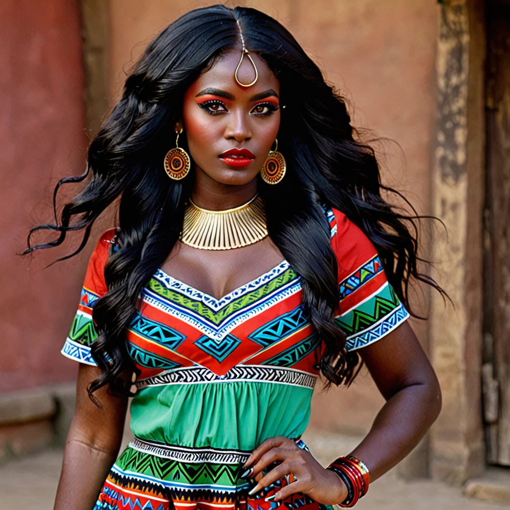 dark skin woman, with orange eyes, green and blue aztec dress, with long wavy black hair, short black gloves on hands, a red ring on her finger, slightly wide lips with a crimson red color, golden hoops in her ears