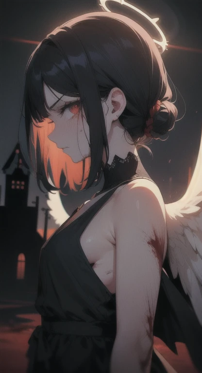 Sweating, angel, halo, midnight, town, dress, blood everywhere, angel covered in blood, looking at viewer pissed, side view,