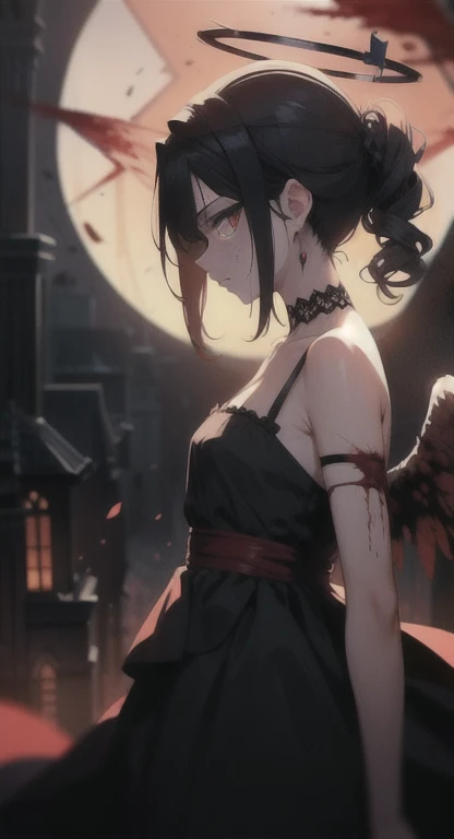 Sweating, angel, halo, town, dress, blood everywhere, angel covered in blood, looking at viewer pissed, side view,