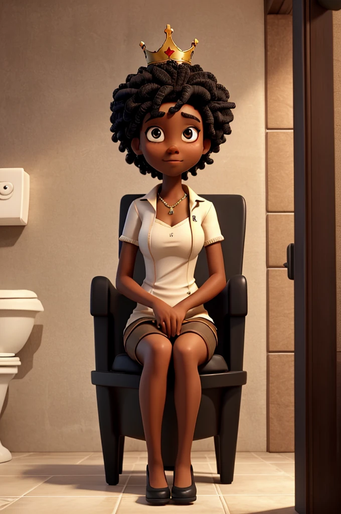 Tall black person sitting on a toilet while wearing a crown