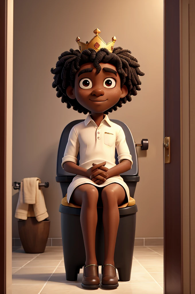 Tall black person sitting on a toilet while wearing a crown