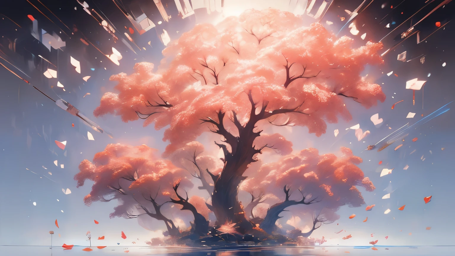 (White background:1.4),(white dirt road, oriental elements),(Spring nature illustration:1.3,paper art:1.3, Quilted Paper Craft:1.2),( reasonable design, Clear lines, high sharpness,Best Quality, Very detailed, Mesa, Movie light effects, 4k )(cherry leaves、cherry blossoms in spring:1.0)、Many cherry blossoms flutter、wind、background with、spring、Girl looking left、rose petals、A lot of cherry petals.、very light pink hair、long