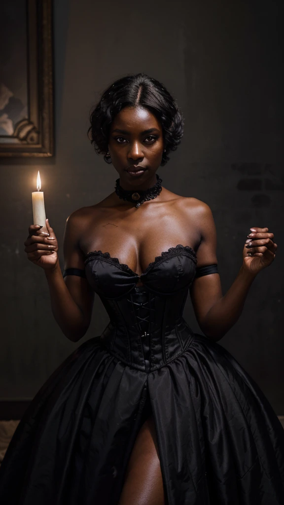 1 elegant black woman, (((Dark black skin 1.2))), Mature middle-aged woman， goth woman, vampire, goth makeup, victorian era dress, corset, corset dress, choker necklace, Dark eyeshadow，Full-body art, black skin, a dark tanned skin，Melanin pigmentation of the skin，very dark skin, violet eyes, lesvian, afro hair, short hair, renascence portrait, realist, elegant pose, dark color scheme, candlelit ilumination, vintage fashion, victorian era fashion, Victorian dress, corset, vampire fangs, fangs showing, blood, ethereal beauty, purple eyes, 
