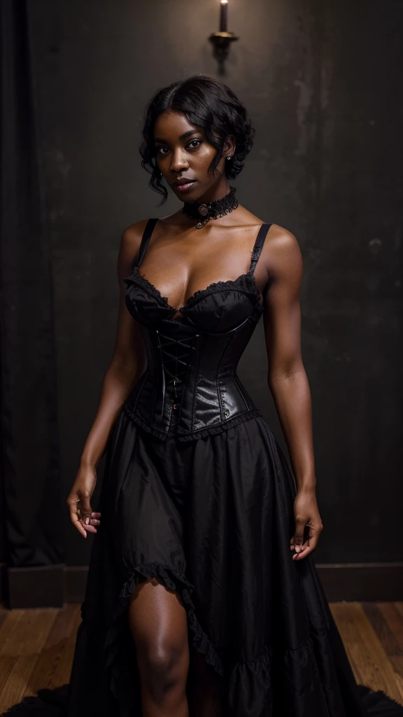 1 elegant black woman, (((Dark black skin 1.2))), Mature middle-aged woman, goth woman, vampire, goth makeup, victorian era dress, corset, corset dress, choker necklace, Dark eyeshadow,Full-body art, black skin, a dark tanned skin,Melanin pigmentation of the skin,very dark skin, violet eyes, lesvian, afro hair, short hair, renascence portrait, realist, elegant pose, dark color scheme, candlelit ilumination, vintage fashion, victorian era fashion, Victorian dress, corset, vampire fangs, fangs showing, blood, ethereal beauty, purple eyes,