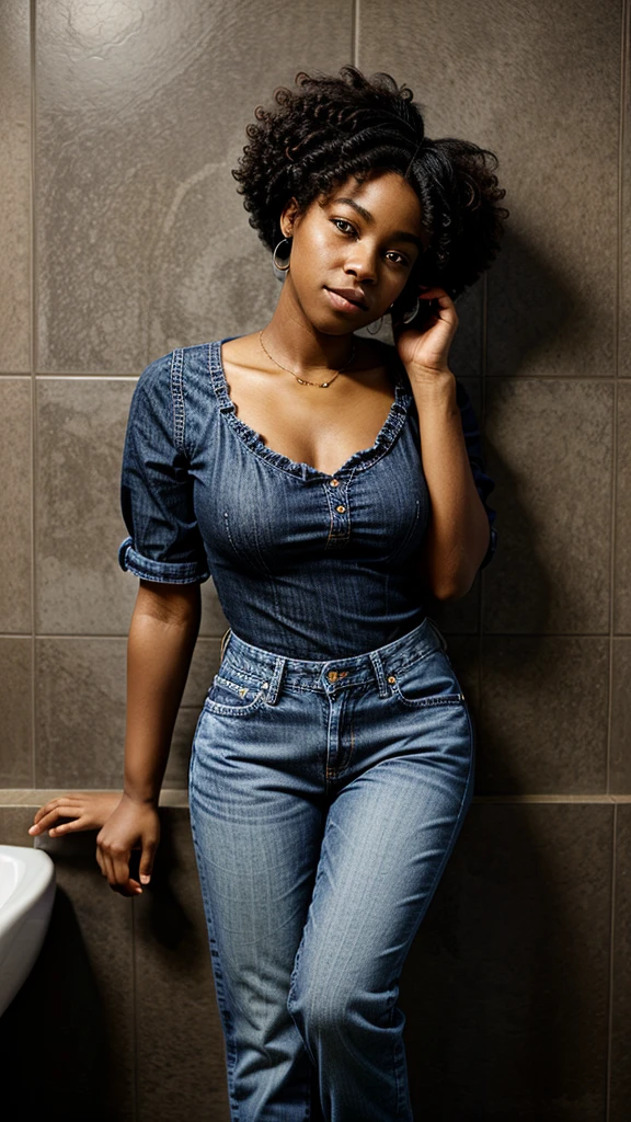 full body, court background, 2d, 1girl, black skin, leaning on bathroom wall, ponytail curly hairstyle, blue jeans short, cute face , afro girl