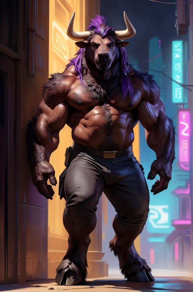 (by taran fiddler), (by darkgem:0.8), (by chunie:1), masterpiece, portrait, serious, 3/4 turned looking at viewer, (javid:1.2), 8k, ultra detail, full body, dark brownfurry body, male, solo, anthro bull, brown minotaur, (( Long dark brown hairstyle, long hair with purple dye streaks, high ponytail, dark brown bears streaked with purple)), Minotaur Hotel, Asterion from Minotaur Hotel, handsome anthro bull-face, tan horns, gauge piercing in right ear, soft features in face, dark blue eyes, no shirt, not wearing shirt, (no shirt), furry chest, huge chest, fluffy furry chest, fluffy furry abs, defined stomach, defined muscles, muscular furry body, chiseled furry, ((dark pants)), ((no logos or patches on clothing)), hulking, tall, wide shoulders, black clothing, black tactical pants, tactical gear straps on pants, blacbare feet, cow hooves for feet, detailed hands, dark, neon cyberpunk background (detailed cyberpunk background at night), cyberpunk
