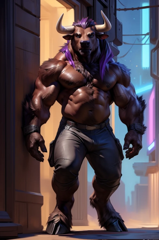 (by taran fiddler), (by darkgem:0.8), (by chunie:1), masterpiece, portrait, serious, 3/4 turned looking at viewer, (javid:1.2), 8k, ultra detail, full body, dark brownfurry body, male, solo, anthro bull, brown minotaur, (( Long dark brown hairstyle, long hair with purple dye streaks, high ponytail, dark brown bears streaked with purple)), Minotaur Hotel, Asterion from Minotaur Hotel, handsome anthro bull-face, tan horns, gauge piercing in right ear, soft features in face, dark blue eyes, no shirt, not wearing shirt, (no shirt), furry chest, huge chest, fluffy furry chest, fluffy furry abs, defined stomach, defined muscles, muscular furry body, chiseled furry, ((dark pants)), ((no logos or patches on clothing)), hulking, tall, wide shoulders, black clothing, black tactical pants, tactical gear straps on pants, blacbare feet, cow hooves for feet, detailed hands, dark, neon cyberpunk background (detailed cyberpunk background at night), cyberpunk 