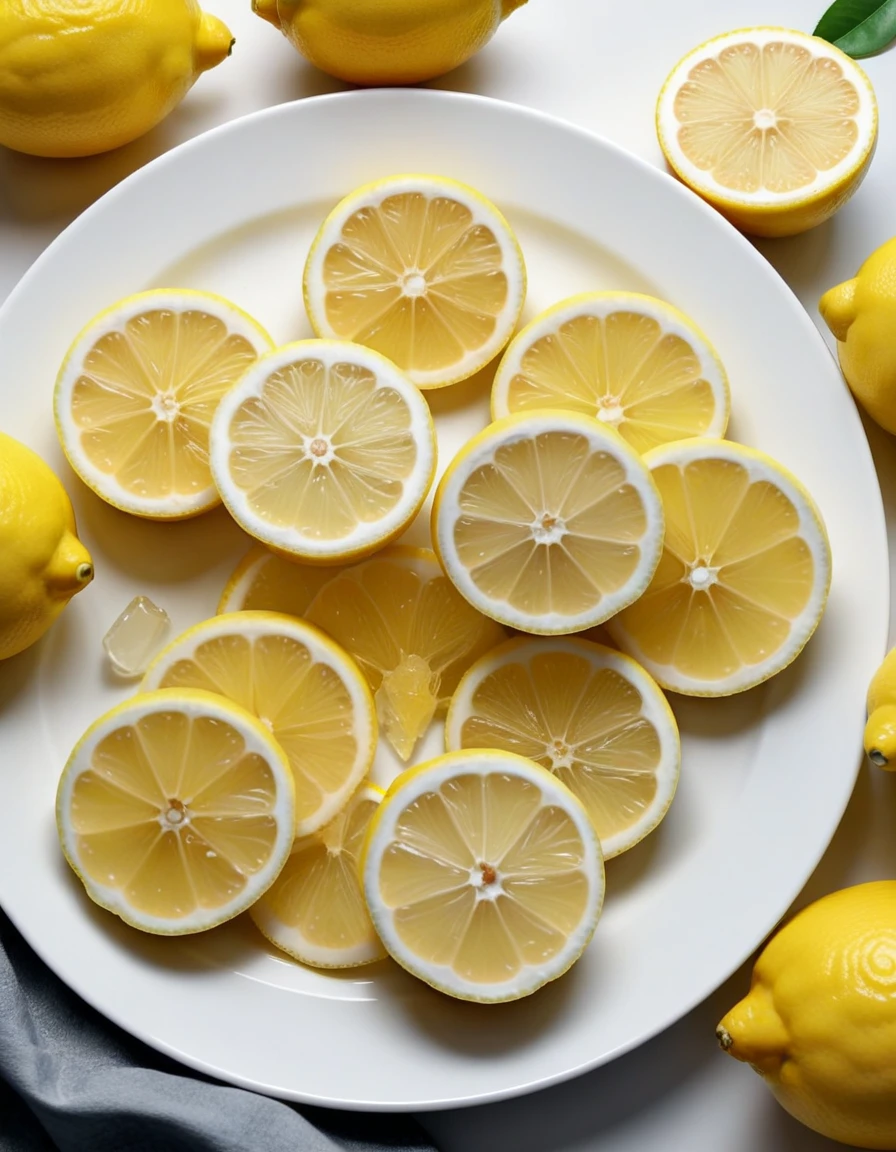 (lemons and pieces of lemon fruits on a white plate), closeup, macroscopic photo, hyperdetalization, hyperrealism, beautiful foreshortening, cinematic, glow, reflexes, illuminated ((dominant three colors))