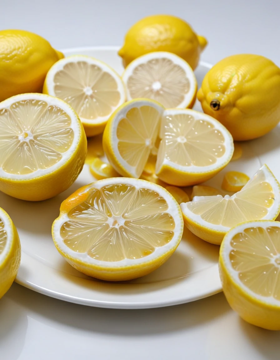 (lemons and pieces of lemon fruits on a white plate), closeup, macroscopic photo, hyperdetalization, hyperrealism, beautiful foreshortening, cinematic, glow, reflexes, illuminated ((dominant three colors))