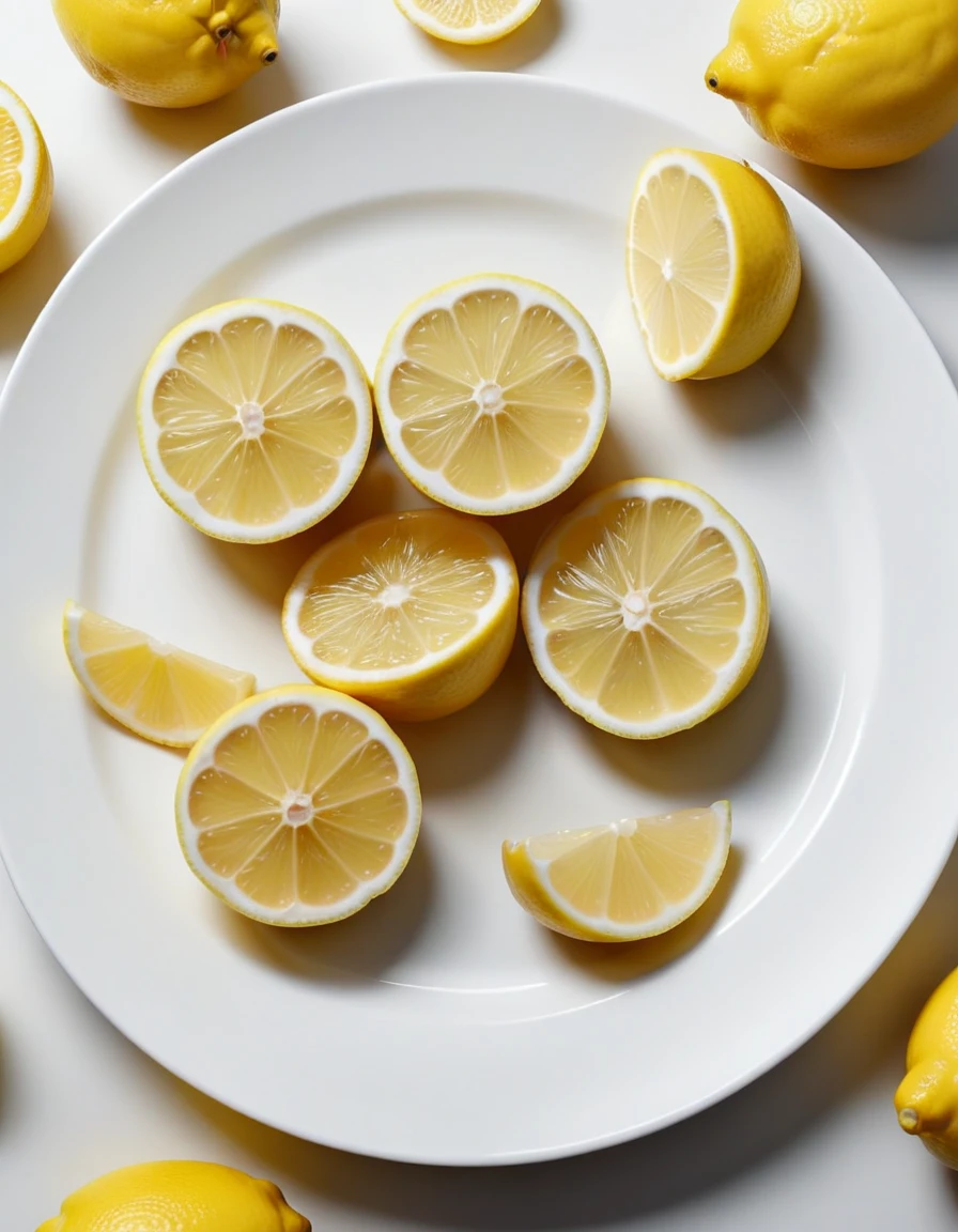 (lemons and pieces of lemon fruits on a white plate), closeup, macroscopic photo, hyperdetalization, hyperrealism, beautiful foreshortening, cinematic, glow, reflexes, illuminated ((dominant three colors))