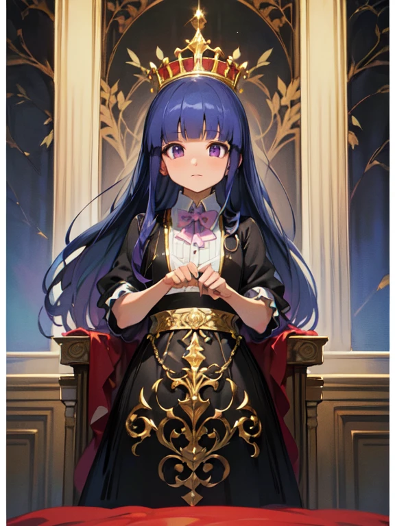 (Ultra-high resolution), (masterpiece), (Attention to detail), (high quality), (最high quality) , One Girl, (Full Autorica), Blue Hair, Purple eyes, Long Hair, blunt bangs, bangs,, Medieval Queen, Throne, Gorgeous dress, Gold embroidery, gemの冠, silk, velvet, Royal Robes, Ruby, sapphire, royal palace, marble, crown, gem, Luxury Background, Pillar, Tapestry, knight, candlestick, mural, full body
