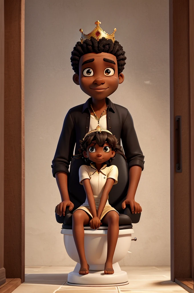 Tall black person sitting on a toilet while wearing a crown