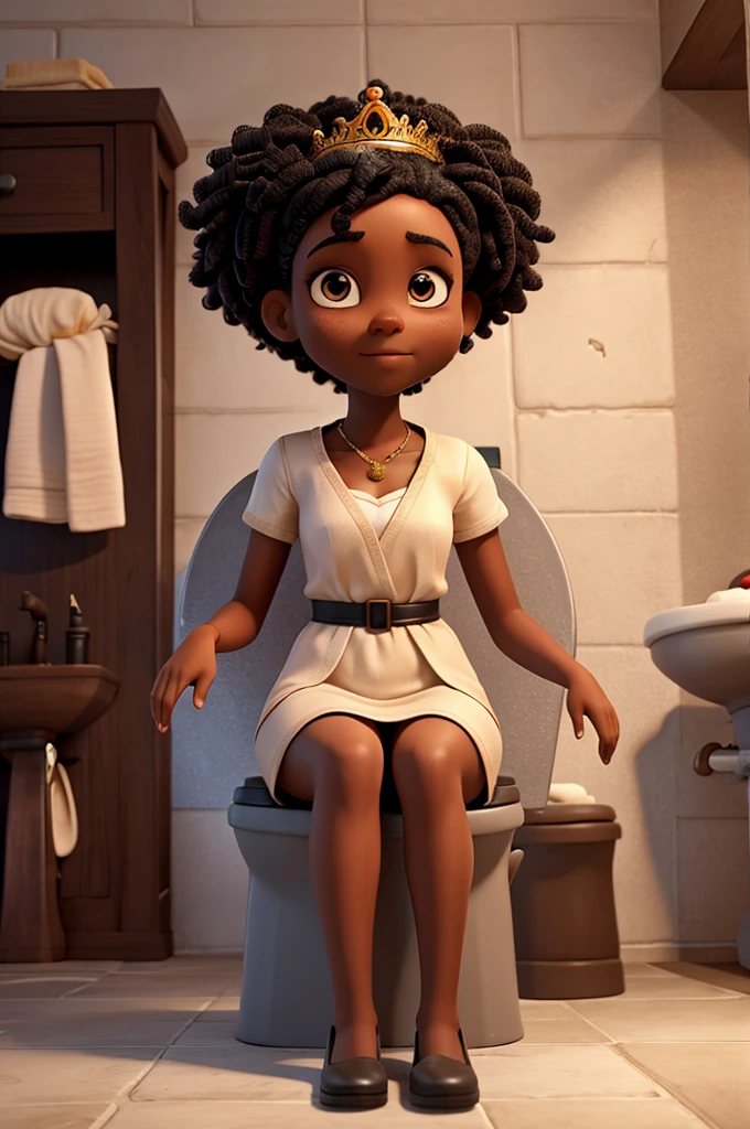 Tall black person sitting on a toilet while wearing a crown