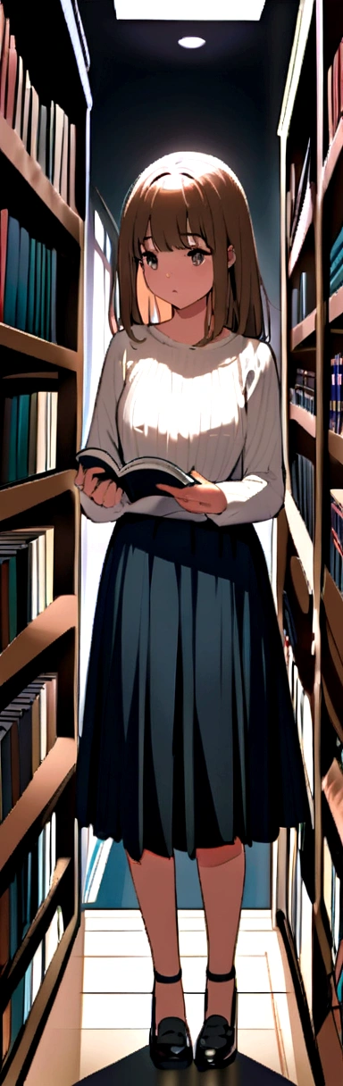 A beautiful young girl wearing light blue button sweater open with white top wearing fitted skirt she standing in library shelve searching a book her long brown hairs she's wearing shoe 