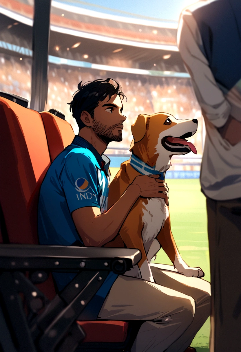 A Boy with his dog and wore a jersey of India having jersey no 7 watching Indian Cricket team match in stadium