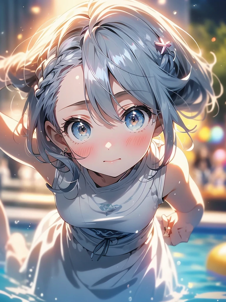 Highest quality、High resolution、Detailed Background、(Beautiful face in every detail:1.4)、Anatomically correct、(Detailed facial expressions)、(fine grain:1.2)、Teenage Beauty、One Girl、Cute hair colors、Beautiful clear blue eyes、Braided Ponytail、Braided bob cut、Elementary school, A cute sleeveless shirt in pastel colors、Outdoor swimming pool、Strong winds、Skirt flutters、Watching the audience、Hands hold nothing、A quiet smile with closed mouth、((Close-up of the mouth))