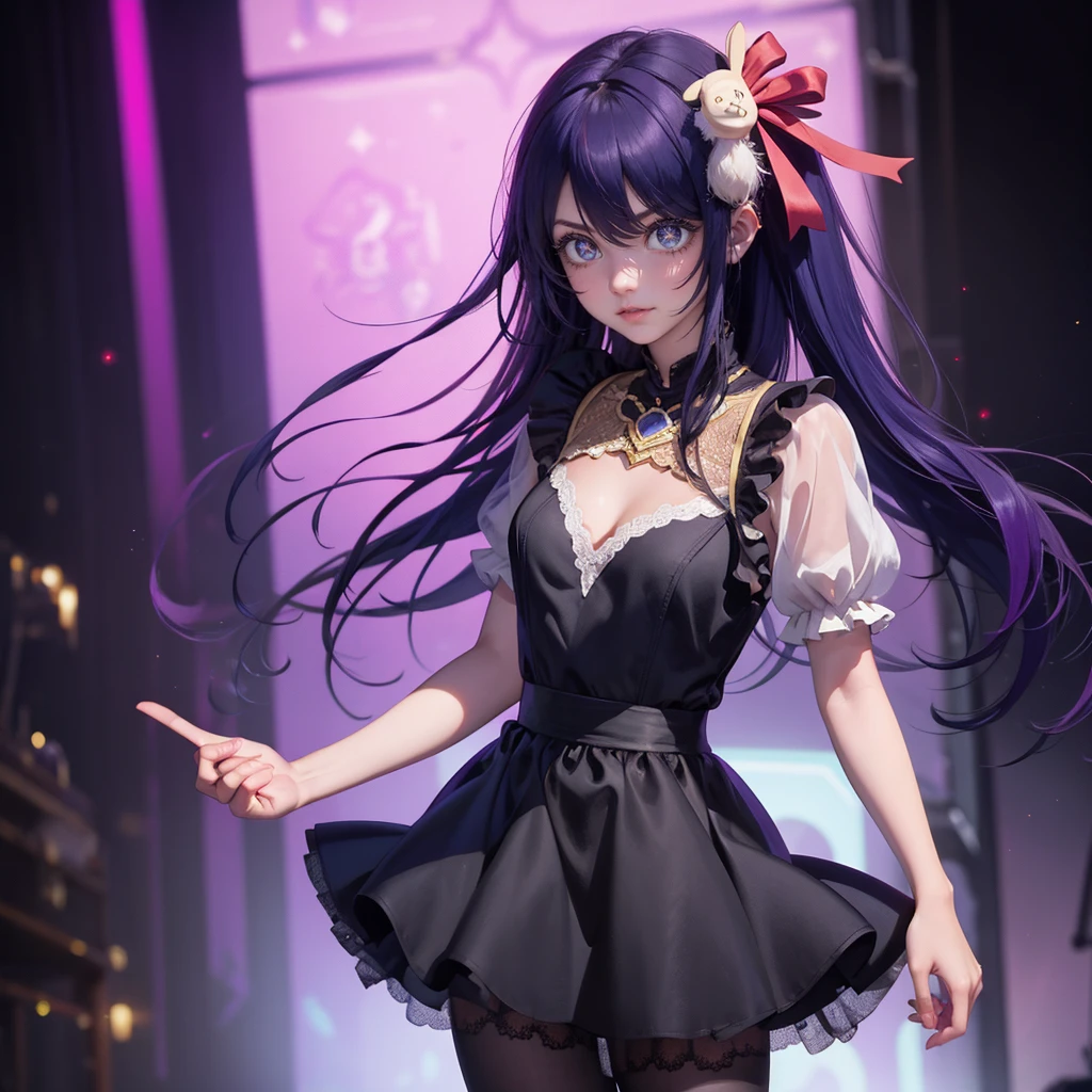 1girl, Ai Hoshino_(Oshi no Ko), centered girl, perfectly body, perfectly hands, solo, jewelry, magenta roses, rabbit jewel on her hair, ornament hair, twintails, rabbit jewel on her hair, purple hair, long hair, long flowing hair, floating hair, ornament hair, perfectly body, perfectly hands, rose on hair, magenta rose on hair, Looking at the audience, flowing hair, Beautiful Eyes, Plump and glossy lips, Idol, black dress with too many frills, black dress, magenta laces, black Short skirt, small skirt, black skirt with layers, Drape clothes, magenta gem, Lace trim, bright stage, luxury gold details, gold jewelry, more details, best quality, Big sparkling eyes, blushing, black Striped Lace Stockings, black ta skirt, sparkle, solo, centered girl, cowboy shot, perfectly body, perfectly hands, two arms, two legs, two hands, five fingers, perfect anatomy, glowing hair, magenta roses, on the stage, sparkles, more details on her clothes, black dress with transparency, golden details on her dress, night, holding a microphone, ((4k, masterpiece, top-quality)), 8k, best quality, high resolution, UHD, (illustration:0.8), super cute girl, delicate and beautiful face, mature girl, super cute hairstyle, (beautiful detailed eyes:1.6), extremely detailed face, perfect lighting, extremely detailed CG, (perfect hands, perfect anatomy), Best quality, cleavage