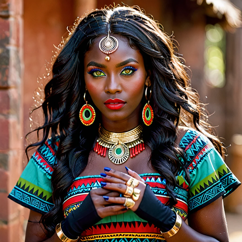 dark skin woman, with orange eyes, green and blue aztec dress, with long wavy black hair, short black gloves on hands, a red ring on her finger, slightly wide lips with a crimson red color, golden hoops in her ears