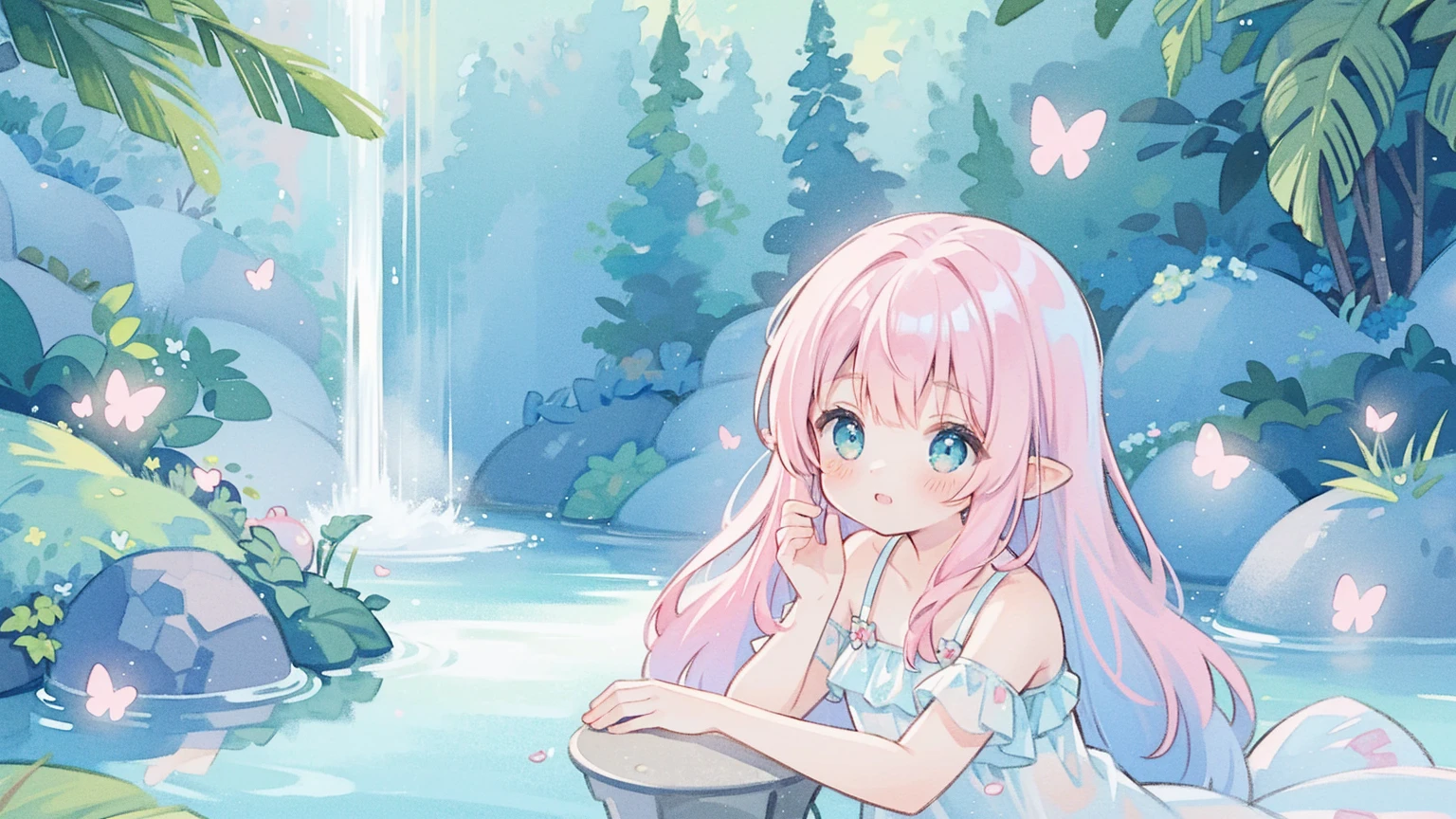 watercolor illustration, vibrant pastel colors, dreamy, colorful, whimsical, magical, masterpiece, best quality, sharp focus, intricately detailed environment, fine detail, 8k resolution, waterfall lagoon, (magical lagoon), (waterfall, lake), glowing butterflies, cute puffy fairy creatures, glowing fairies, beautiful girl in sparkling delicate white dress