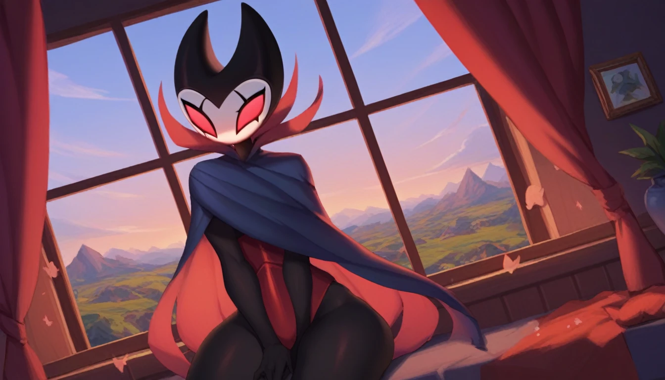 score_9, score_8_up, score_7_up, score_6_up, zPDXL2, grimm \(hollow knight\), vampire, bat, 1boy, solo, cute face, detailed eyes, anthro, clothed, background, near the window, landscape, looking at the viewer, highlight thighs, hands inside thighs, curvy body, smug face