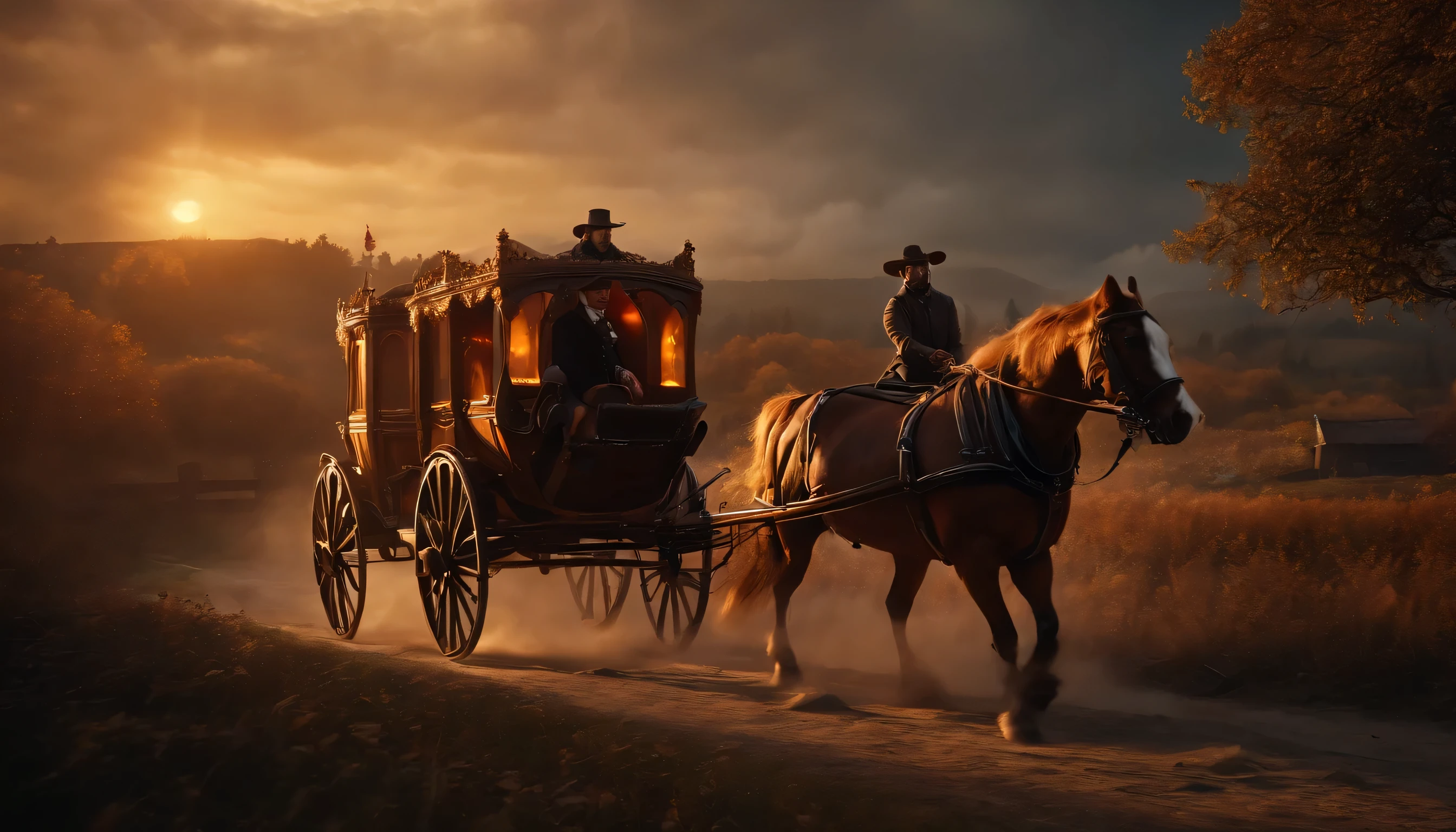 A carriage shaped like a pumpkin with horses run through the village, fantasy village background, detailed object, highly detailed, lots of detail, dynamic composition, aesthetic art, detailed photorealistic painting by irakli nadar, hyperrealism, brandon woelfel, moody cinematic lighting, dark moody backlighting, movie scenes style, moody atmospheric, medium shot, dynamic angle, 500px photography