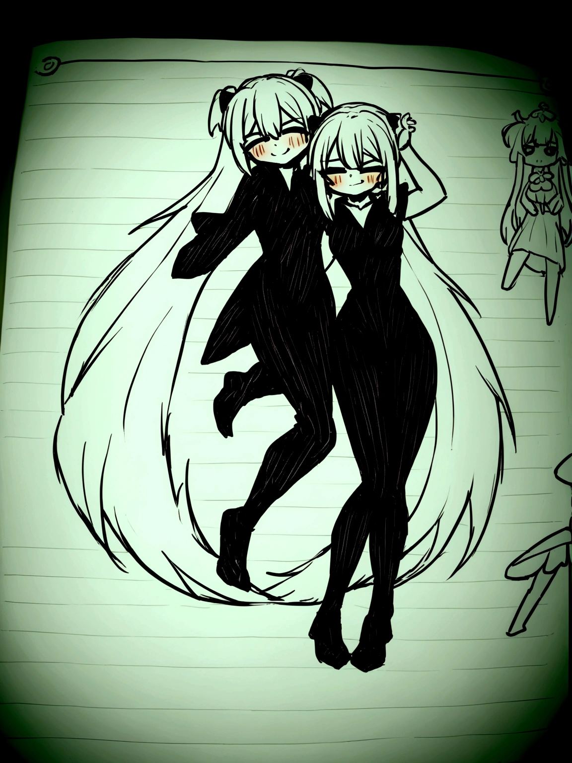 <lora:slimegirl_2--retro_ham_avas_jun_rifl--09-01:1.0>,
(slime girl:1.0), (slime:1.0), (monster girl, see-through body:1.0), colored skin,
10s, 2girls, comic, long hair, monochrome, multiple girls, simple background, yuri
