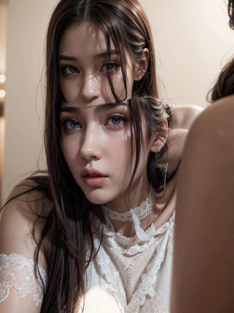 a young woman with a large bust, naked, beautiful detailed eyes, beautiful detailed lips, extremely detailed eyes and face, long eyelashes, detailed skin, sensual pose, soft lighting, warm colors, photorealistic, 8k, masterpiece, cinematic, elegant, high fashion, glamour, dramatic lighting