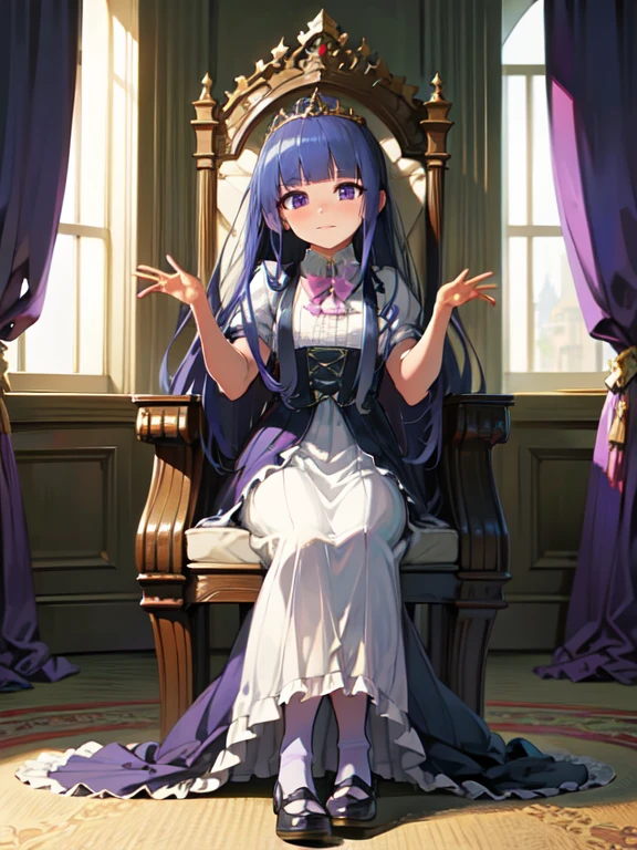 (Ultra-high resolution), (masterpiece), (Attention to detail), (high quality), (最high quality) , One Girl, (Full Autorica), Blue Hair, Purple eyes, Long Hair, blunt bangs, bangs, Medieval Lady, Throne, Delicate lace, pearl, Violet Dress, Silver Tiara, satin, Lace veil, Gold Jewelry, palace, Light from the window, Arched Windows, Soft carpet, Noble atmosphere, Bonfire, Pillar, fireplace, full body
