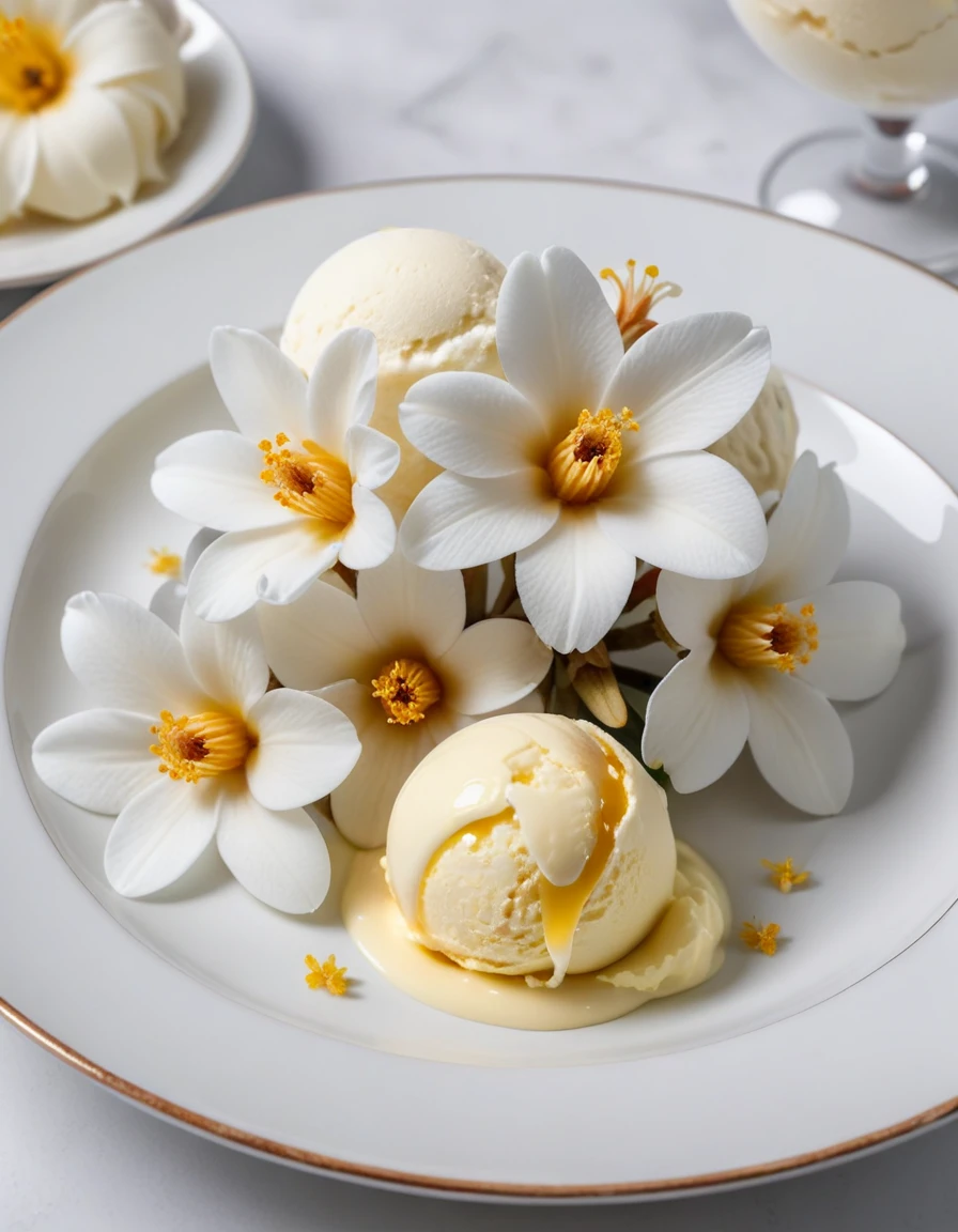 (vanilla flowers and vanilla ice cream on a white plate), closeup, macroscopic photo, hyperdetalization, hyperrealism, beautiful foreshortening, cinematic, glow, reflexes, illuminated ((dominant three colors))