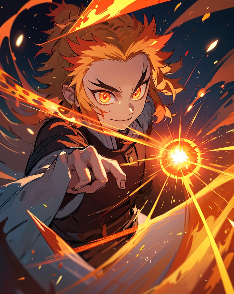 Rengoku Kyoujurou, 1 men, leaning towards viewer, facing viewer, battle stance, flames, sparking lights, flame explosion, Tuuli, shine light, beautiful lighting, smiling, Determined expression