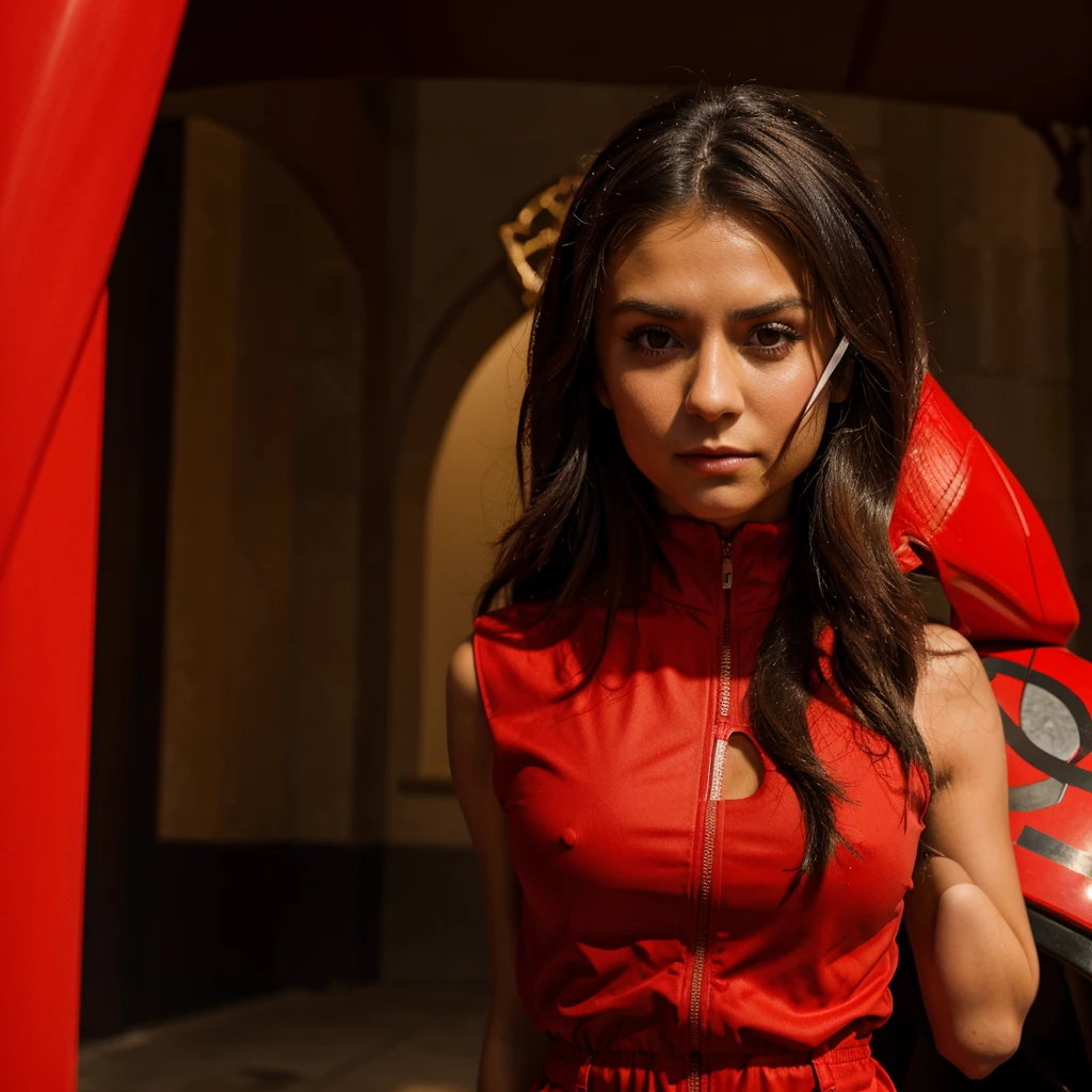 Nina dobrev In a red jumpsuit in the hand of Salvador Dali's mask