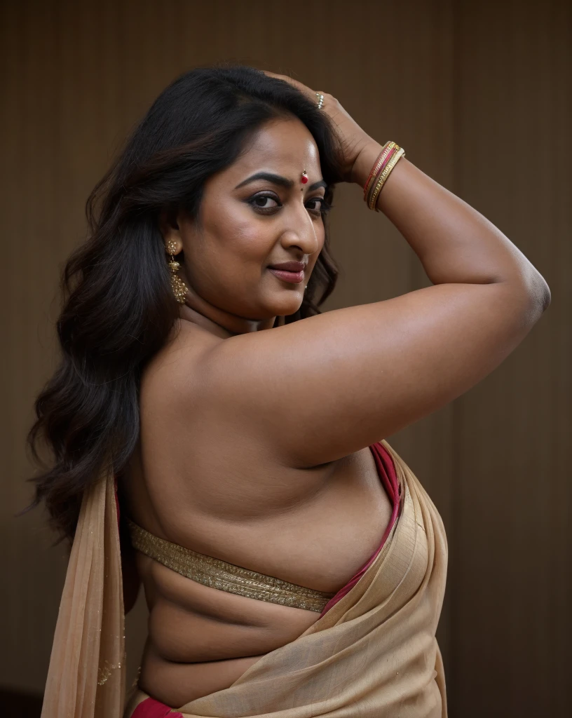 Foto RAW, photorealistic, photography, full body shot, 50 years old Woman, master shot, perfect eyes, goddess like beauty, pierced eyes, perfect thick chubby mallu Desi aunty bhabhi, Wearing a Stanapatta, a chest-band.Saree model, model Photography, Indian saree shoot, Indian traditional wear advertising photography, traditional wear brand shoot, face of Indian actress Sonakshi Sinha, masterpiece, realistic, realism, incredible details,  pleasure, photorealism, detailed skin, skin pores, high contrast, photorealistic Artstation 8k HD digital art trend of high definition and detailed realistic skin texture, ultra detail, realistic skin texture, armature, best quality, ultra high definition, (photorealistic:1.4),, high resolution, detail, raw photo, sweat, Re sharp, by Lee Jefferies Nikon D850 Film Stock Photo 4 Kodak Portra 400 Camera F1.6 Lens Rich Color Ultra Real Realistic Realistic Textures Dramatic Lighting Unreal Engine Trending at Art Station Cinestill 800,(pele altamente detalhada: 1.2), 8k UHD, DSLR, soft-lighting, alta qualidade, grain of film, Fujifilm XT3,she didn't like to wear blouse or bra, she is happy to wear only saree, she hates blouse or bra, detailed hairy armpits, hyper realistic skin, skin pores, sweat, veins, 