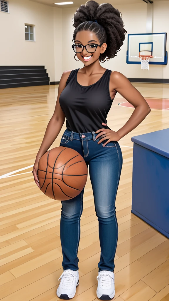 full body, court background, 2d, 1girl, black skin, lstand on basketball court, ponytail curly hairstyle, blue jeans short, cute face , afro girl, black eyeglasses, smile