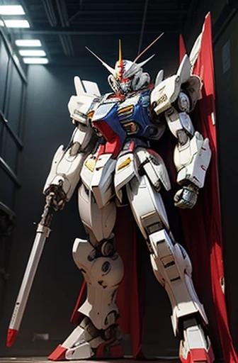 Highest quality、Fantasy、masterpiece、The whole body of a giant robot like Gundam、In the spaceship hangar、Standing under the lights、Blue on white、red、Yellow coloring、Glossy body with exquisite details、Well-proportioned limbs、A detailed depiction of a knight's helmet-like head、A precisely drawn Gundam-like face、Holding a large, detailed shield, The inside of the hangar is cluttered.、The maintenance staff are busy working