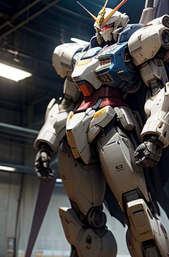 Highest quality、Fantasy、masterpiece、The whole body of a giant robot like Gundam、In the spaceship hangar、Standing under the lights、Blue on white、red、Yellow coloring、Glossy body with exquisite details、Well-proportioned limbs、A detailed depiction of a knight's helmet-like head、A precisely drawn Gundam-like face、Holding a large, detailed shield, The inside of the hangar is cluttered.、The maintenance staff are busy working