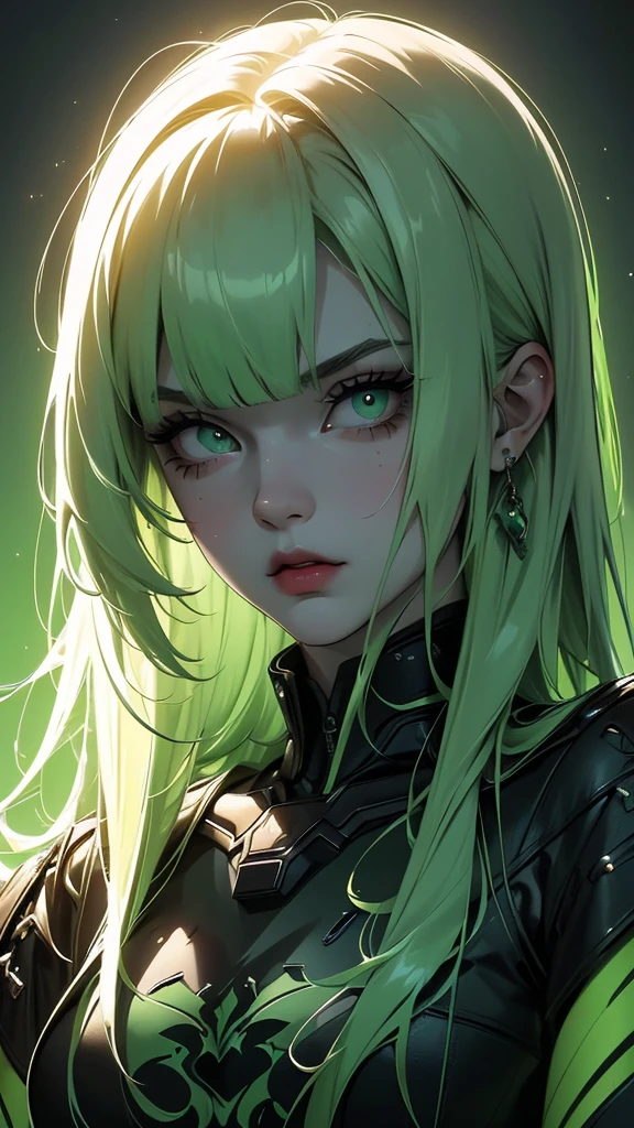 masterpiece, highest quality, (solo focus), (perfect face:1.1), (full body), (high detail:1.1), (hyper detailed eyes), dramatic, a woman with paleskin and long dark green hair, green eyes, solo, arrogant expression, neon cyberneticoutfit, white background, art by artgerm, cinematic lighting, fashion, BalenciagaStyle