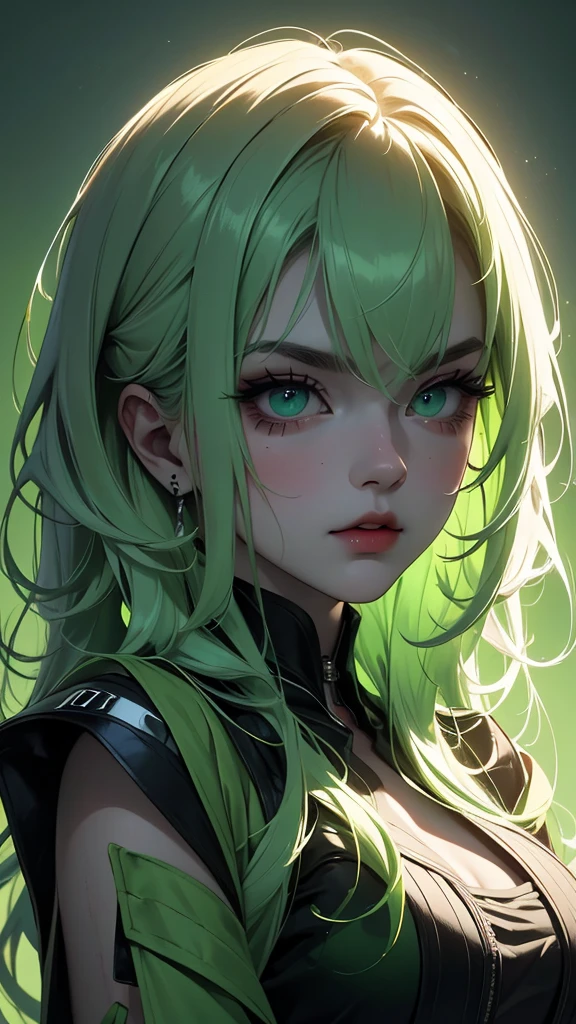 masterpiece, highest quality, (solo focus), (perfect face:1.1), (full body), (high detail:1.1), (hyper detailed eyes), dramatic, a woman with paleskin and long dark green hair, green eyes, solo, arrogant expression, neon cyberneticoutfit, white background, art by artgerm, cinematic lighting, fashion, BalenciagaStyle