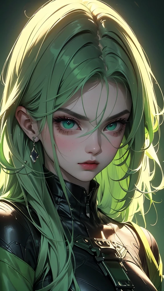 masterpiece, highest quality, (solo focus), (perfect face:1.1), (full body), (high detail:1.1), (hyper detailed eyes), dramatic, a woman with paleskin and long dark green hair, green eyes, solo, arrogant expression, neon cyberneticoutfit, white background, art by artgerm, cinematic lighting, fashion, BalenciagaStyle