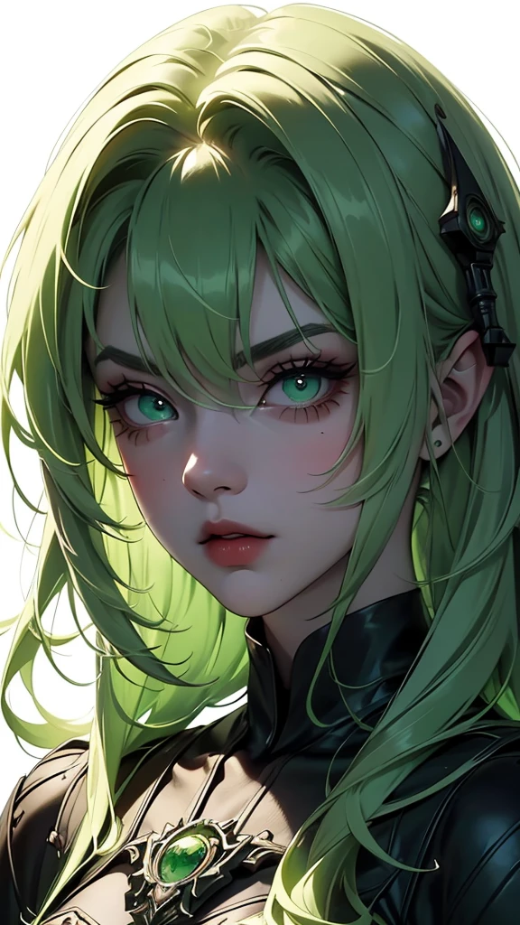 masterpiece, highest quality, (solo focus), (perfect face:1.1), (full body), (high detail:1.1), (hyper detailed eyes), dramatic, a woman with paleskin and long dark green hair, green eyes, solo, arrogant expression, neon cyberneticoutfit, white background, art by artgerm, cinematic lighting, fashion, BalenciagaStyle