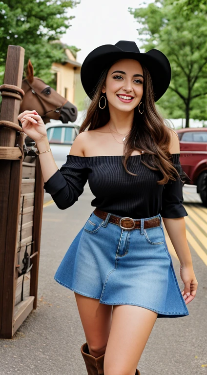 A beautiful woman in a skirt and jean, hat and off shoulder shirt, sexy cowgirl woman, with leather boots, smiling at the camera, queen of instagram,  standing on a stop, background horses riding