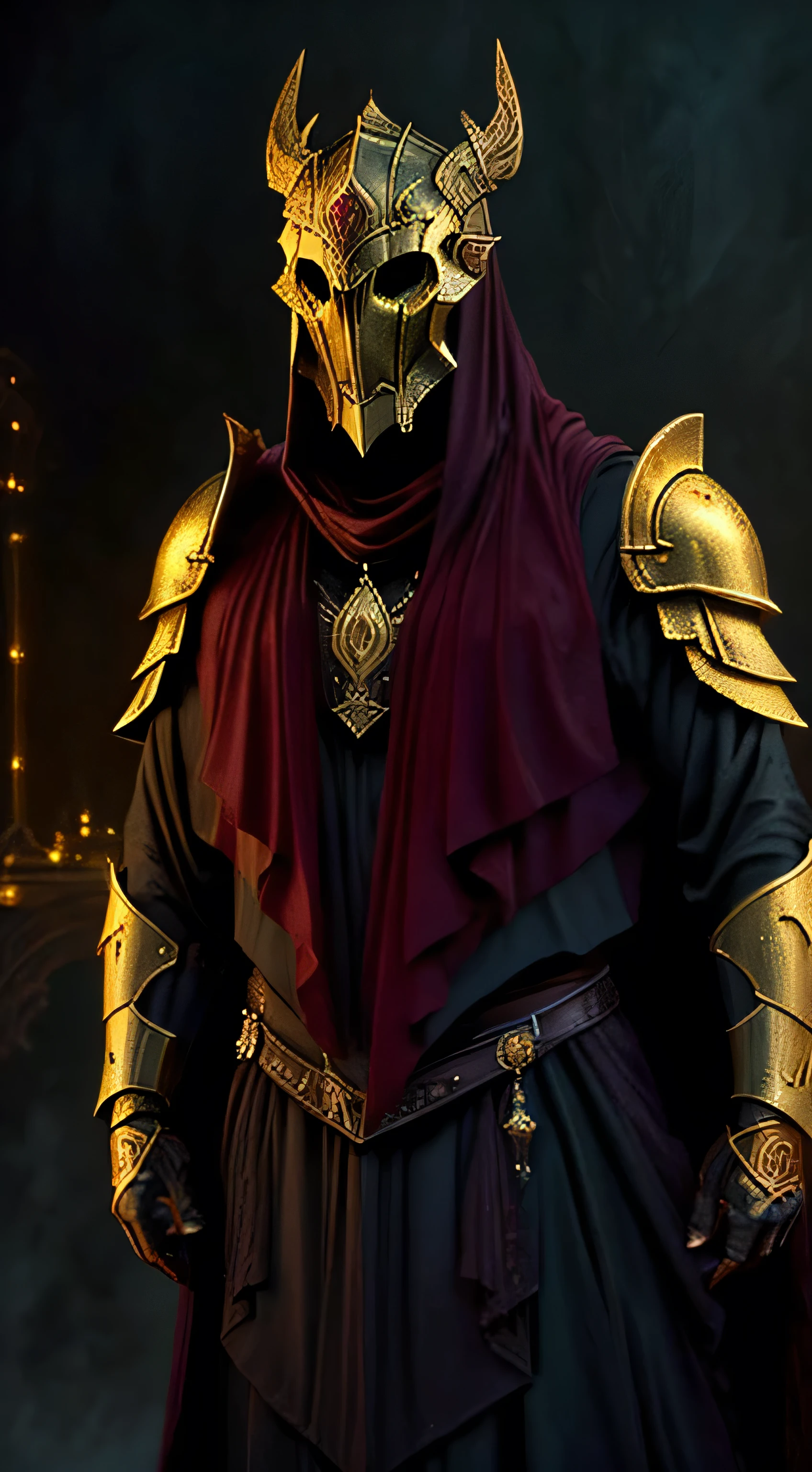 analog style, ((intricate details)), dark lighting, (broken lord), (intricate), 1man, solo, ((male ghost)), ((gold enhanced armor)), ((ruby vest)), (intricate helmet), dynamic pose, intricate, complex, Helios 44-2, swirly bokeh, trending on artstation, sharp focus, studio photo, intricate details, highly detailed, sharp, dnd character portrait, (oil on canvas), perfect lighting, Masterpiece, detailed background, portrait by artgerm and greg rutkowski, cinematic lighting, 8k