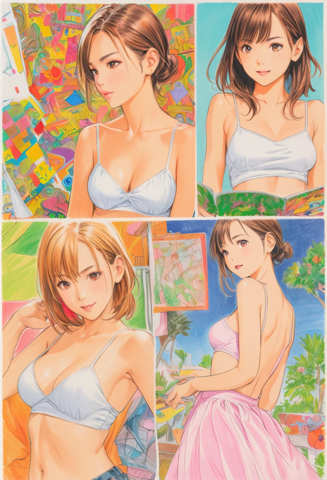 female,short camisole,white,Art,ad,colour pencil drawing,draft drawing ,comic collage,illustration
