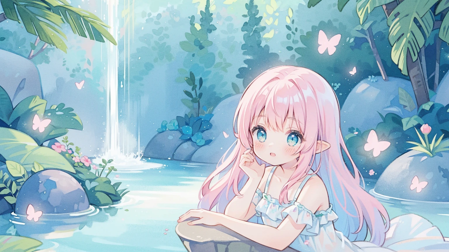 watercolor illustration, vibrant pastel colors, dreamy, colorful, whimsical, magical, masterpiece, best quality, sharp focus, intricately detailed environment, fine detail, 8k resolution, waterfall lagoon, (magical lagoon), (waterfall, lake), glowing butterflies, cute puffy fairy creatures, glowing fairies, beautiful girl in sparkling delicate white dress