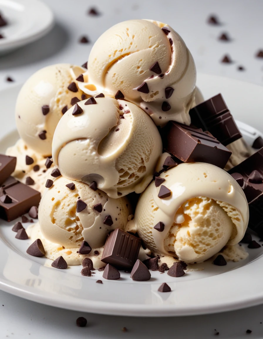 (vanilla ice cream with chocolate chips and pieces of chocolate on a white plate), closeup, macroscopic photo, hyperdetalization, hyperrealism, beautiful foreshortening, cinematic, glow, reflexes, illuminated ((dominant three colors))